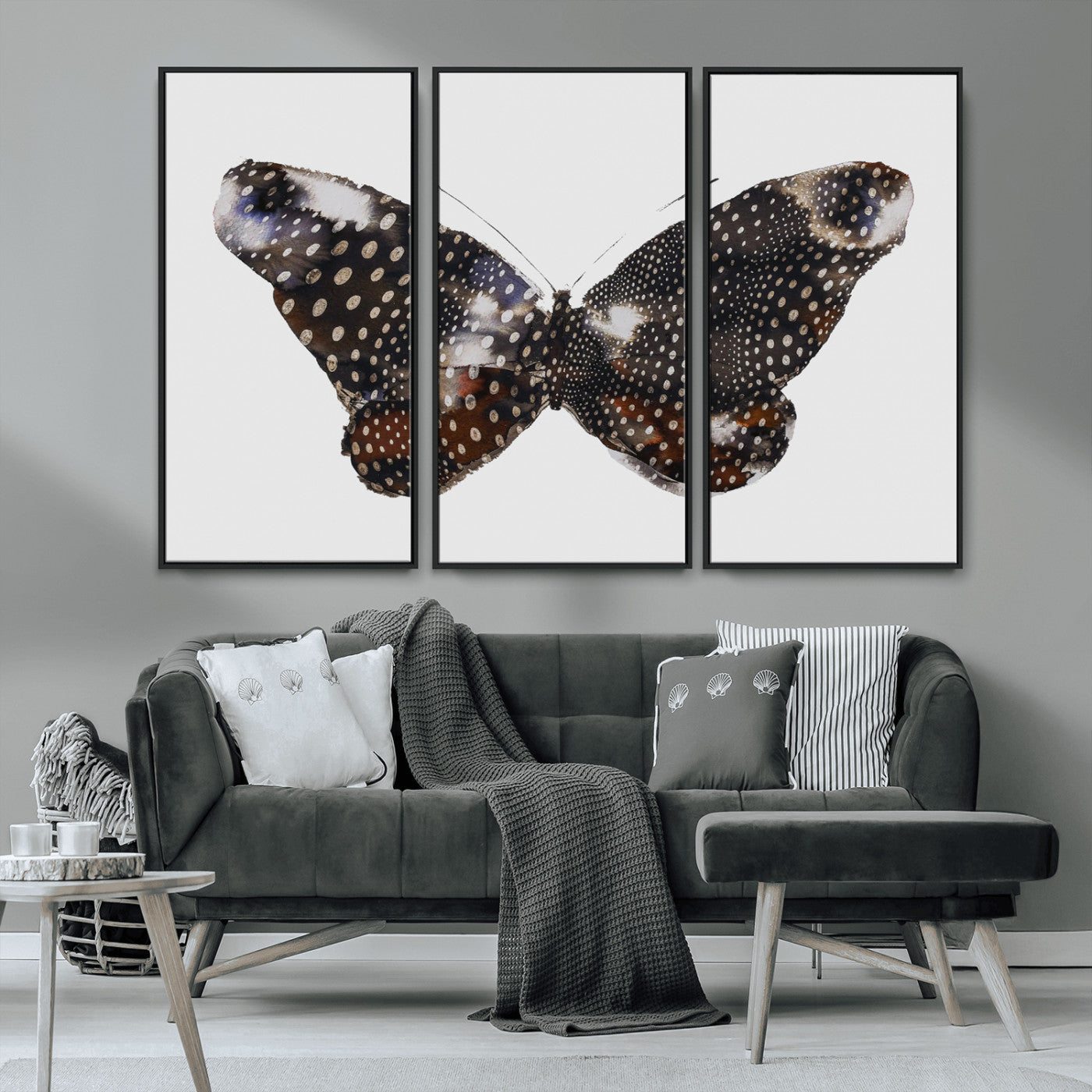 99831147-MGV-CV-36X24-Spotted Butterfly Wall Art Canvas Print, Framed Neutral Insect Theme Art Picture Print, Earthy Wing Pattern Perfect Modern Rustic