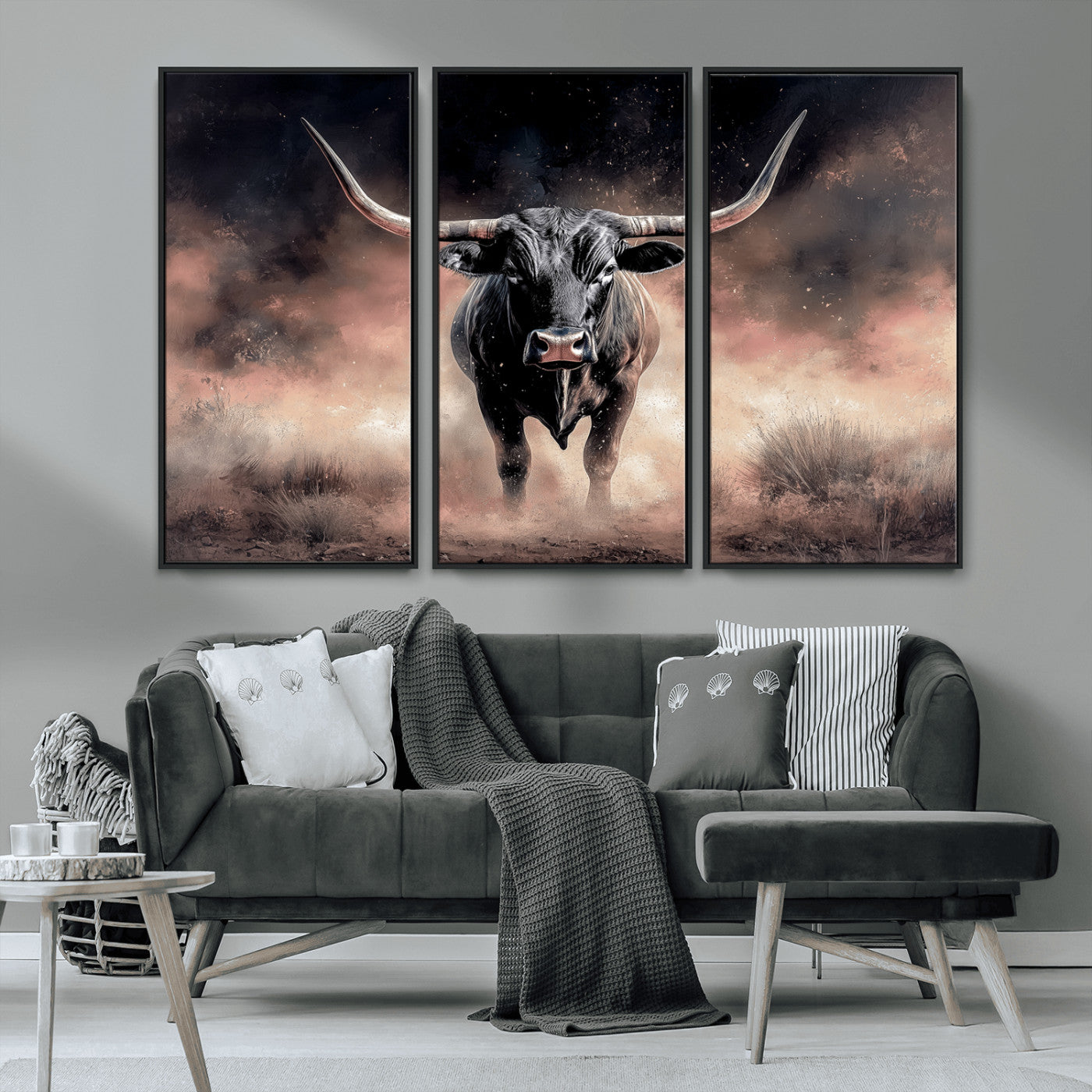 71457818-MGV-CV-36X24-Longhorn Wall Art Wall Art Canvas Print, Framed Western Bull Canvas Art Picture Print, Rustic Cow Decor Perfect Western Dramatic