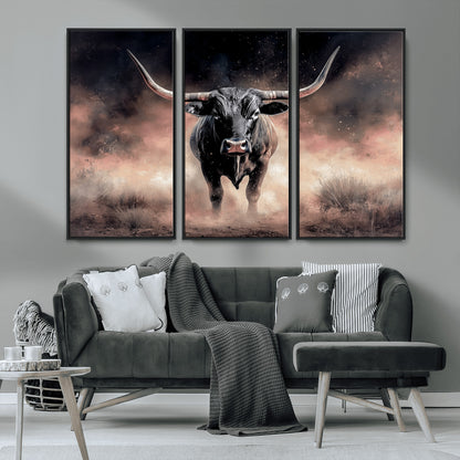 71457818-MGV-CV-36X24-Longhorn Wall Art Wall Art Canvas Print, Framed Western Bull Canvas Art Picture Print, Rustic Cow Decor Perfect Western Dramatic