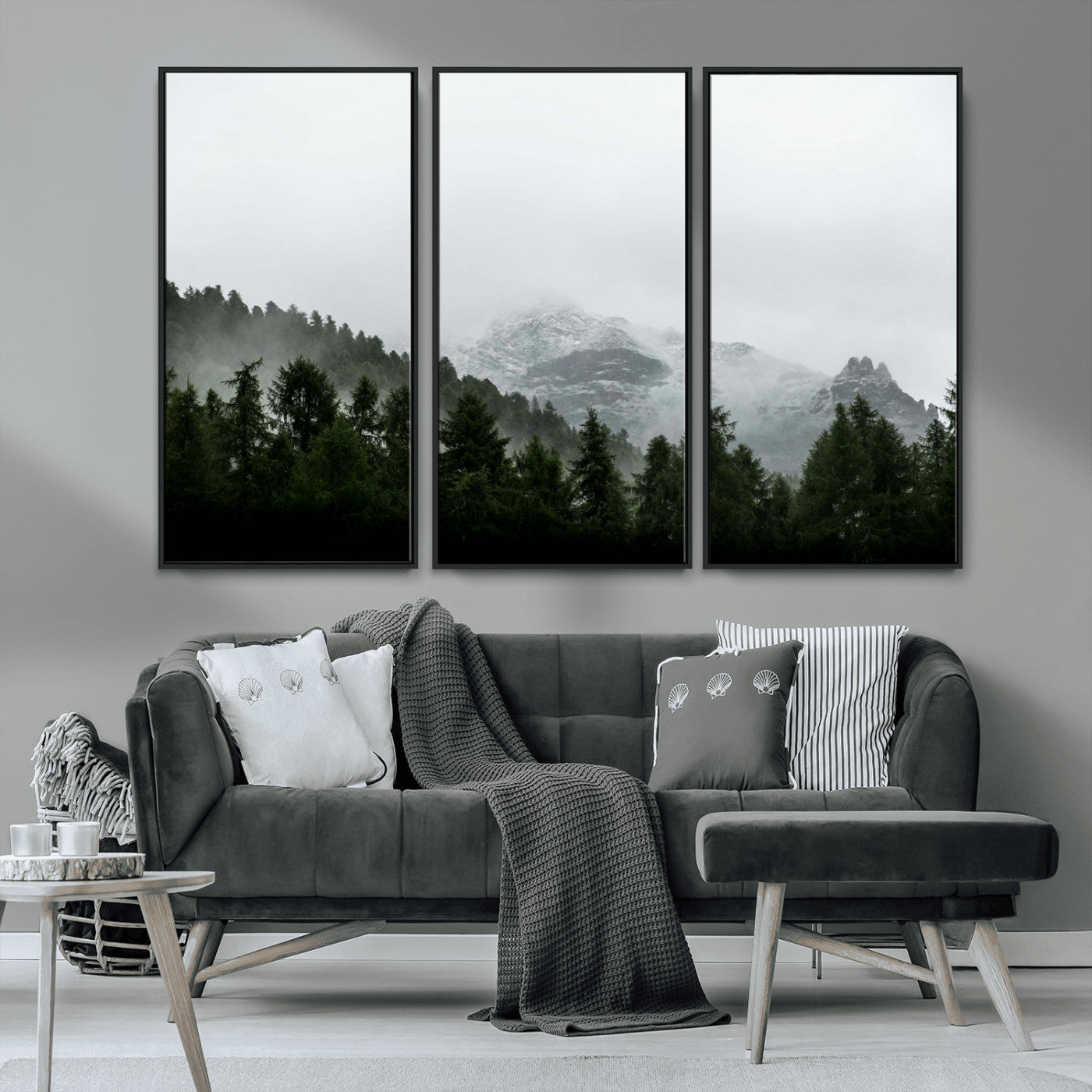 55968349-MGV-CV-36X24-Misty Mountains Wall Art Canvas Print, Framed Foggy Forest Art Picture Print, Snowy Peaks Perfect Moody Wilderness Decor Artwork