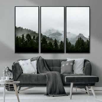 55968349-MGV-CV-36X24-Misty Mountains Wall Art Canvas Print, Framed Foggy Forest Art Picture Print, Snowy Peaks Perfect Moody Wilderness Decor Artwork