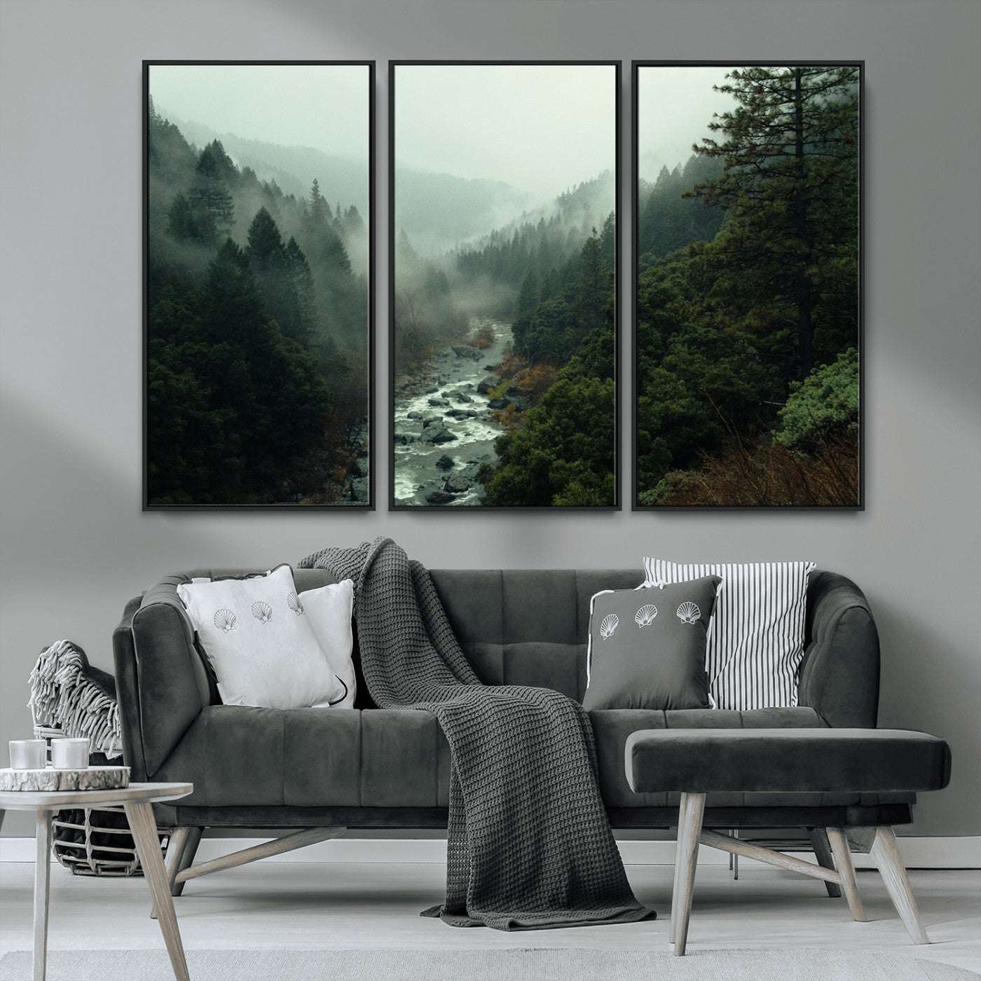 48497565-MGV-CV-36X24-Misty Forest Wall Art Canvas Print, Framed Foggy River Art Picture Print, Moody Landscape Perfect Moody Wilderness Decor Artwork