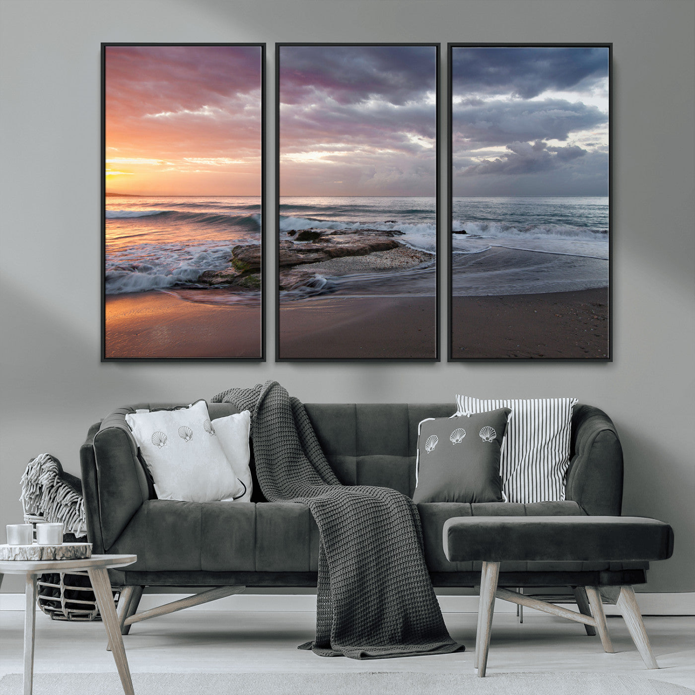 94208089-MGV-CV-36X24-Golden Hour Wall Art Canvas Print, Framed Tranquil Waves Art Picture Print, Beach Horizon Perfect Coastal Serenity Decor Artwork