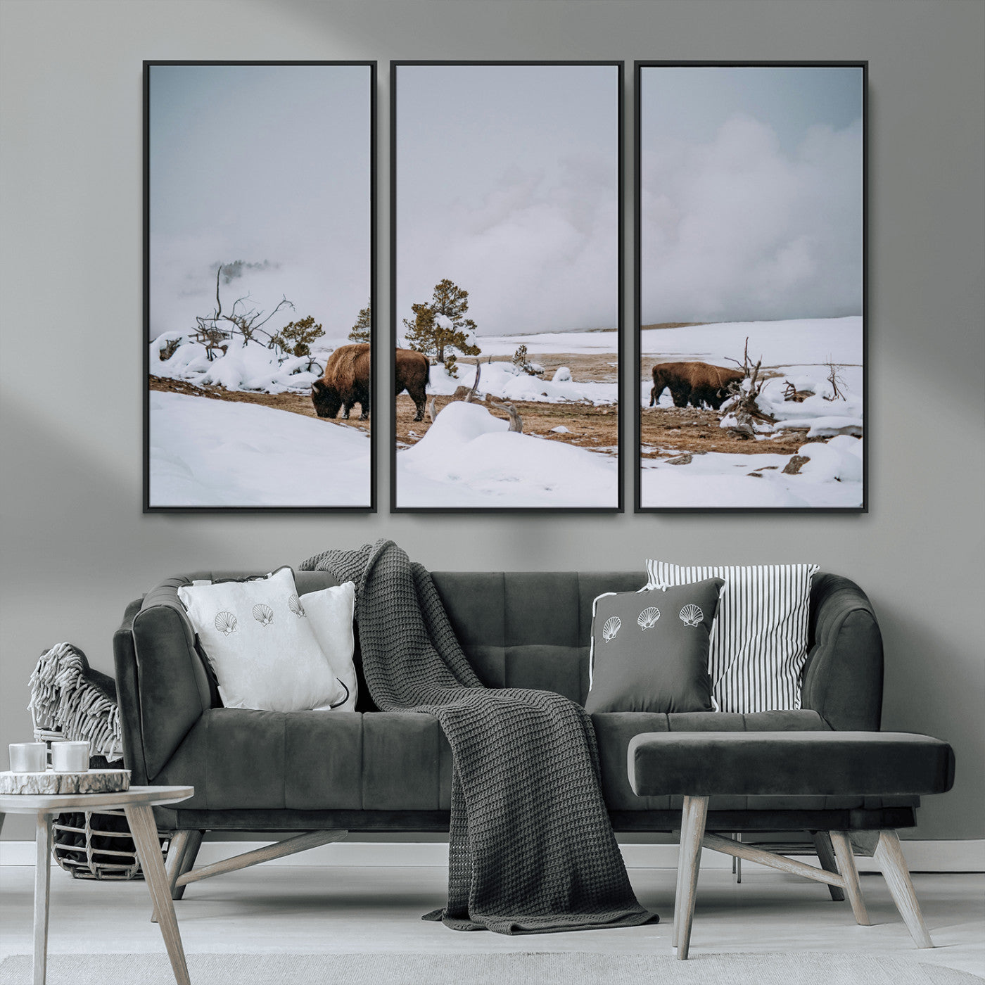 60308289-MGV-CV-36X24-Bison Wildlife Wall Art Canvas Print, Framed Snowy Prairie Art Picture Print, Western Landscape Perfect Rustic Winter Decor