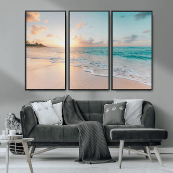 94538225-MGV-CV-36X24-Beach Sunset Wall Art Canvas Print, Framed Ocean Waves Art Picture Print, Summer Escape Perfect Coastal Serenity Decor Artwork