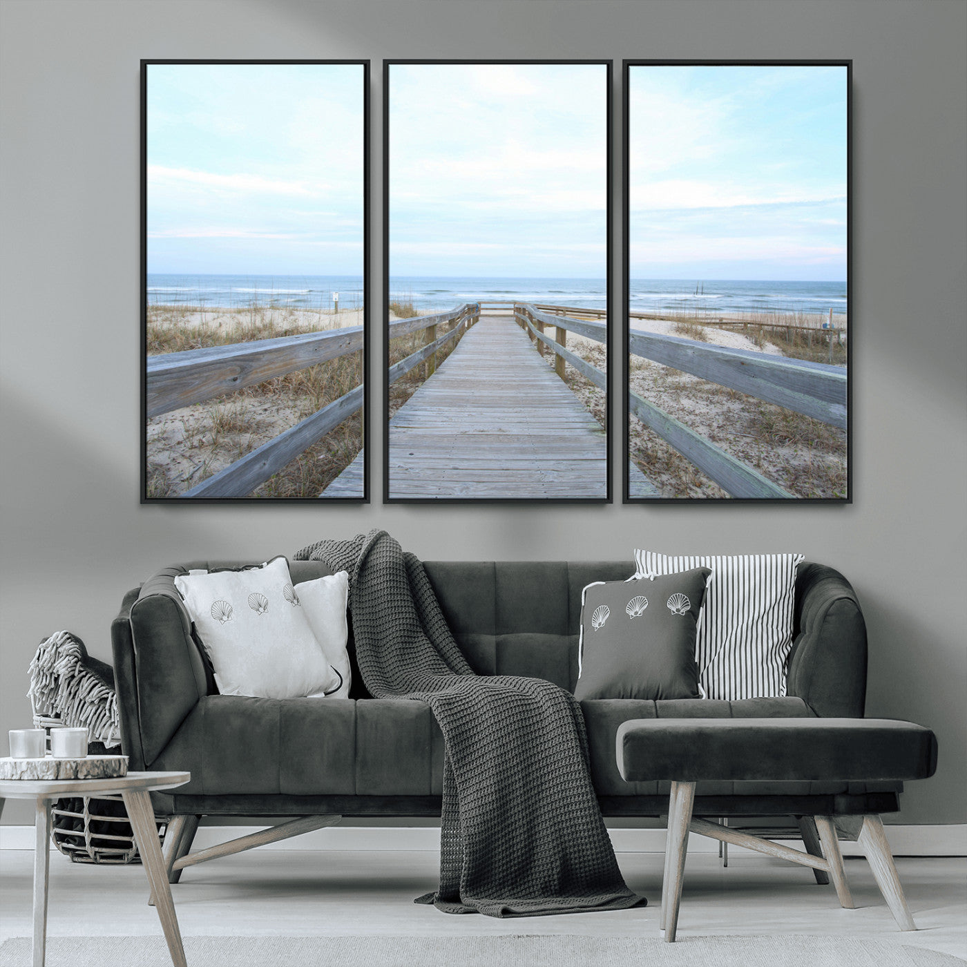 31602988-MGV-CV-36X24-Beach Boardwalk Wall Art Canvas Print, Framed Coastal Serenity Art Picture Print, Ocean View Perfect Coastal Minimalist Decor