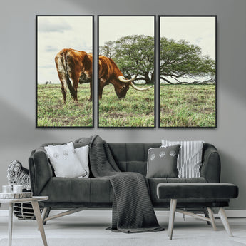 91866234-MGV-CV-36X24-Texas Longhorn Wall Art Canvas Print, Framed Rustic Ranch Art Picture Print, Western Cattle Perfect Rustic Farmhouse Decor Artwork