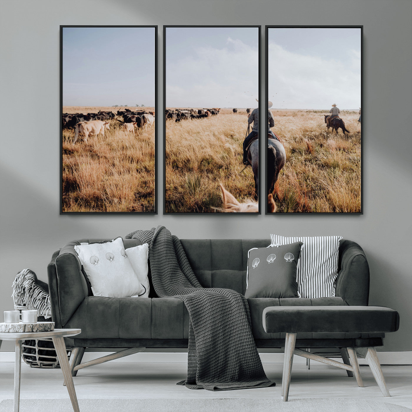 22431577-MGV-FC-48X32-3P_Black-Western Wall Art Wall Art Canvas Print, Framed Cowboy Canvas Art Picture Print, Cattle Drive Scene Perfect Rustic Western Decor