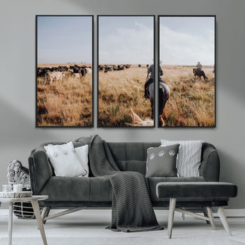 22431577-MGV-FC-48X32-3P_Black-Western Wall Art Wall Art Canvas Print, Framed Cowboy Canvas Art Picture Print, Cattle Drive Scene Perfect Rustic Western Decor