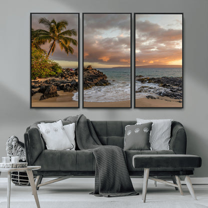 55108220-MGV-CV-36X24-Tropical Beach Wall Art Canvas Print, Framed Hawaiian Sunset Art Picture Print, Ocean Waves Perfect Coastal Tropical Decor Artwork