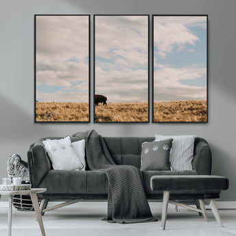 22754563-MGV-CV-36X24-Earthy Tones Wall Art Canvas Print, Framed Rustic Nature Art Picture Print, Solitary Buffalo Perfect Western Minimalist Decor