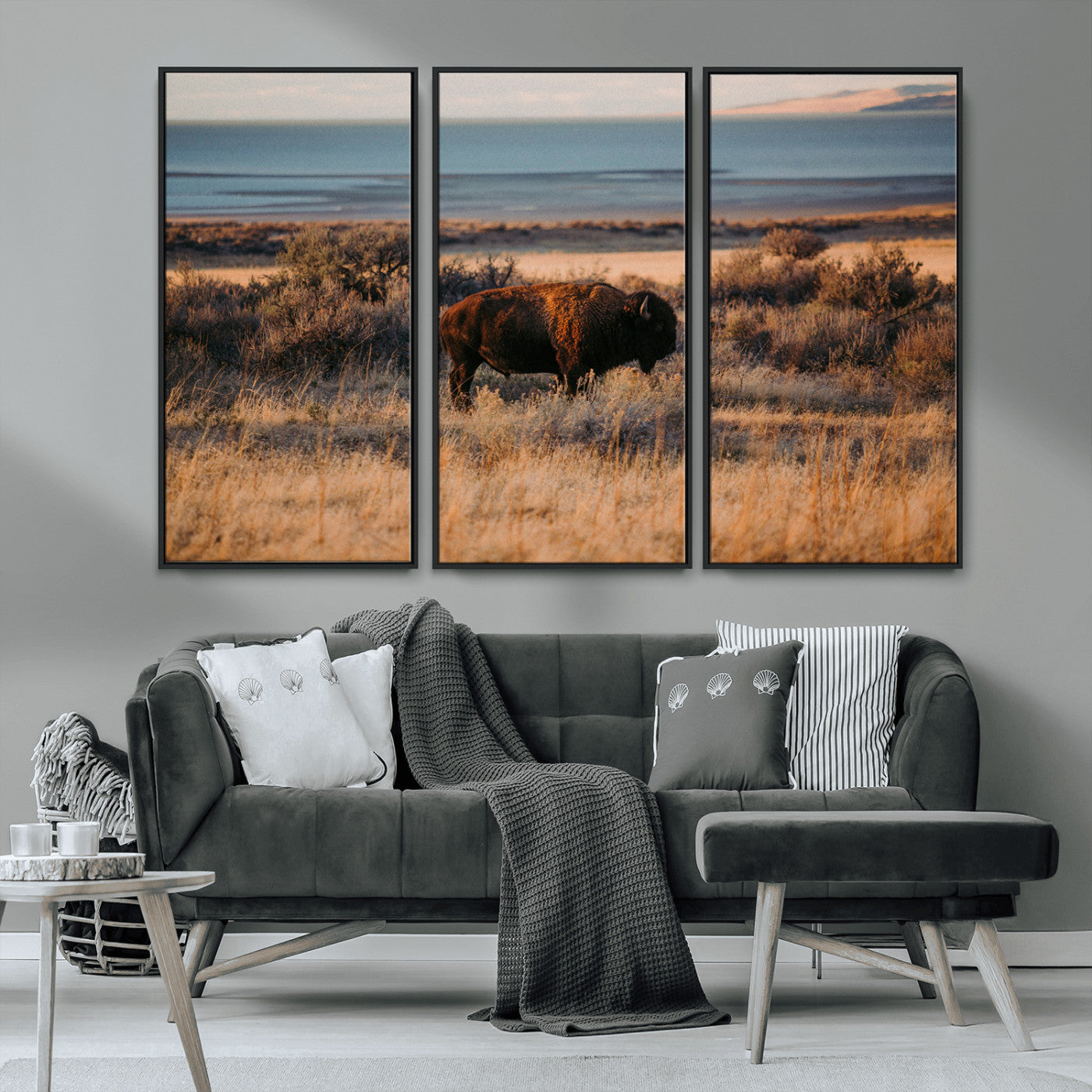 39509187-MGV-FC-48X32-3P_Black-Western Wildlife Wall Art Canvas Print, Framed Bison Art Picture Print, Golden Hour Perfect Western Rustic Decor Artwork