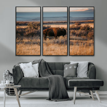 39509187-MGV-FC-48X32-3P_Black-Western Wildlife Wall Art Canvas Print, Framed Bison Art Picture Print, Golden Hour Perfect Western Rustic Decor Artwork