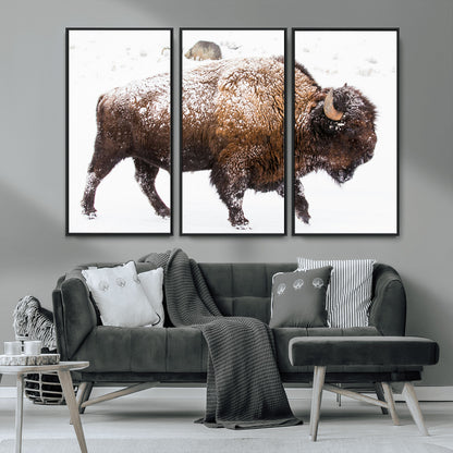 94261165-MGV-CV-36X24-Snowy Buffalo Wall Art Canvas Print, Framed Wildlife Photography Art Picture Print, Brown Tones Perfect Rustic Lodge Decor Decor