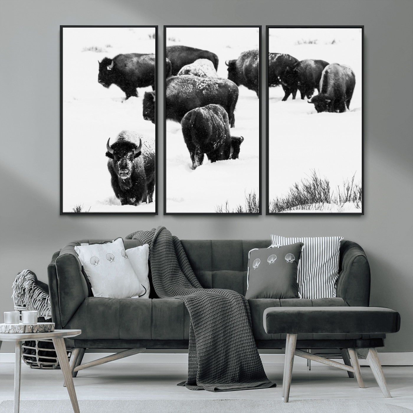 18914414-MGV-CV-36X24-Buffalo Herd Wall Art Canvas Print, Framed Black and White Art Picture Print, Snowy Landscape Perfect Rustic Lodge Decor Decor