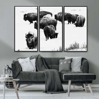 18914414-MGV-CV-36X24-Buffalo Herd Wall Art Canvas Print, Framed Black and White Art Picture Print, Snowy Landscape Perfect Rustic Lodge Decor Decor
