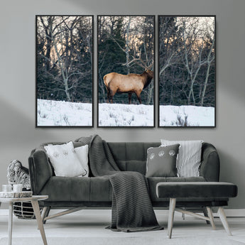 36533178-MGV-CV-36X24-Wild Elk Photography Wall Art Canvas Print, Framed Winter Wildlife Art Picture Print, Snowy Forest Perfect Rustic Lodge Decor