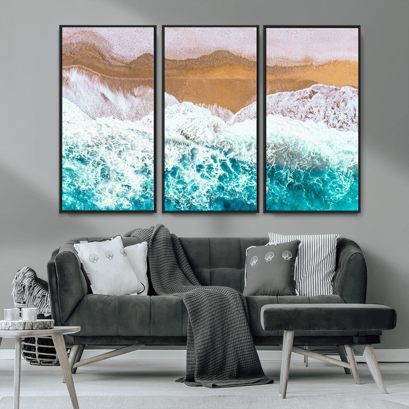 26870666-MGV-CV-36X24-Aerial Beach Wall Art Canvas Print, Framed Ocean Waves Art Picture Print, Coastal Landscape Perfect Coastal Minimalist Decor