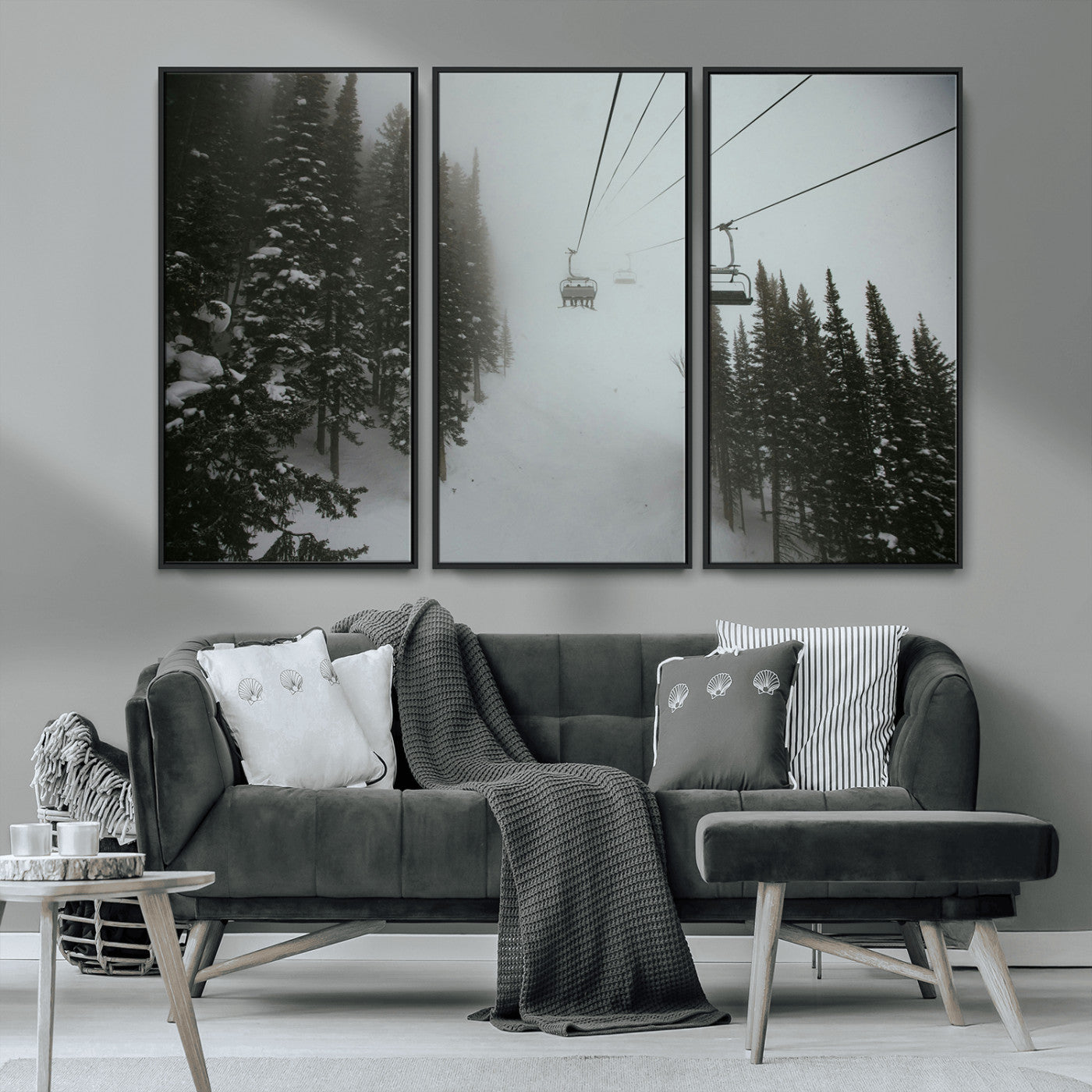 87018452-MGV-CV-36X24-Ski Lift Wall Art Canvas Print, Framed Snowy Pines Art Picture Print, Misty Landscape Perfect Winter Serenity Decor Artwork