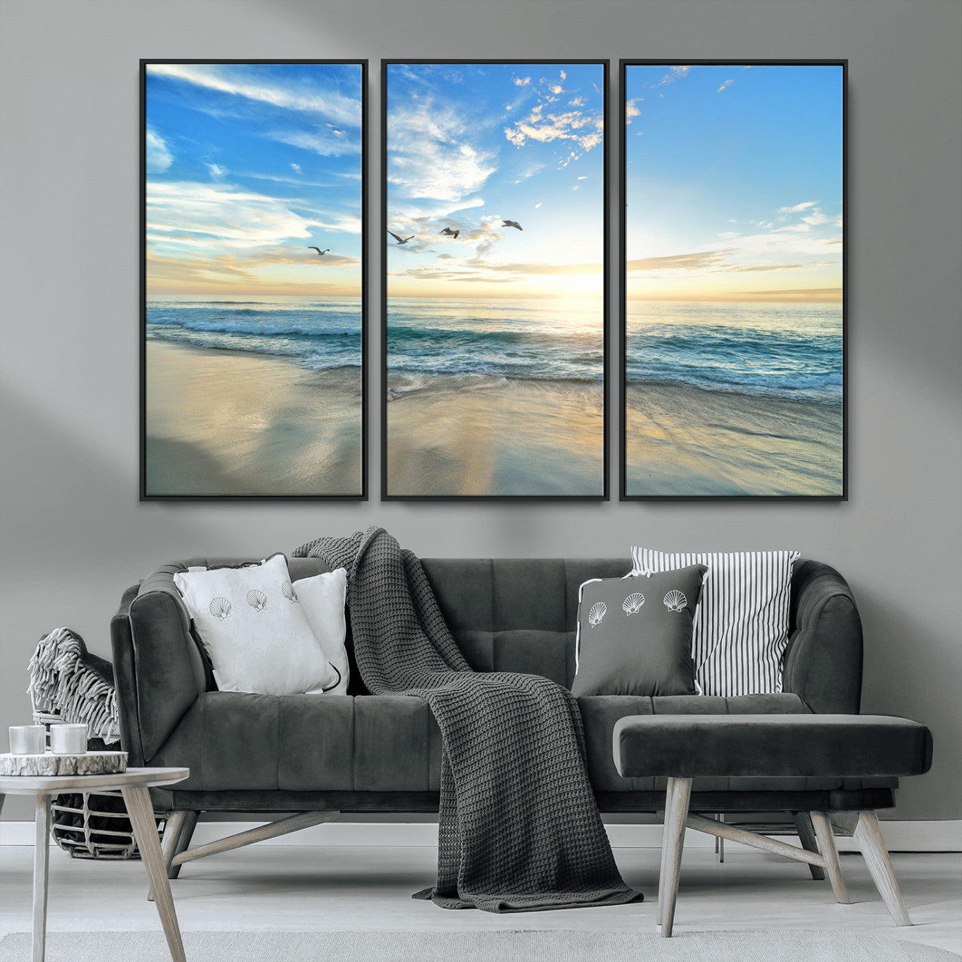 20708696-MGV-CV-36X24-Minimalist Seaside Wall Art Canvas Print, Framed Morning Glow Art Picture Print, Golden Reflections Perfect Coastal Minimalist