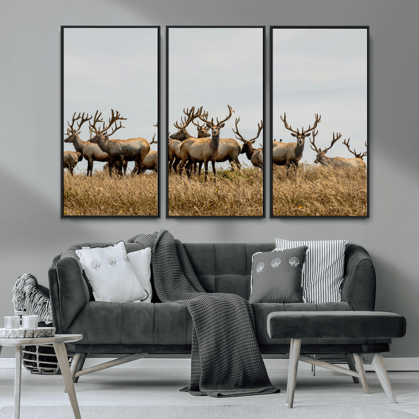 42170220-MGV-CV-36X24-Elk Herd Wall Art Canvas Print, Framed Wildlife Photography Art Picture Print, Majestic Antlers Perfect Rustic Wildlife Decor