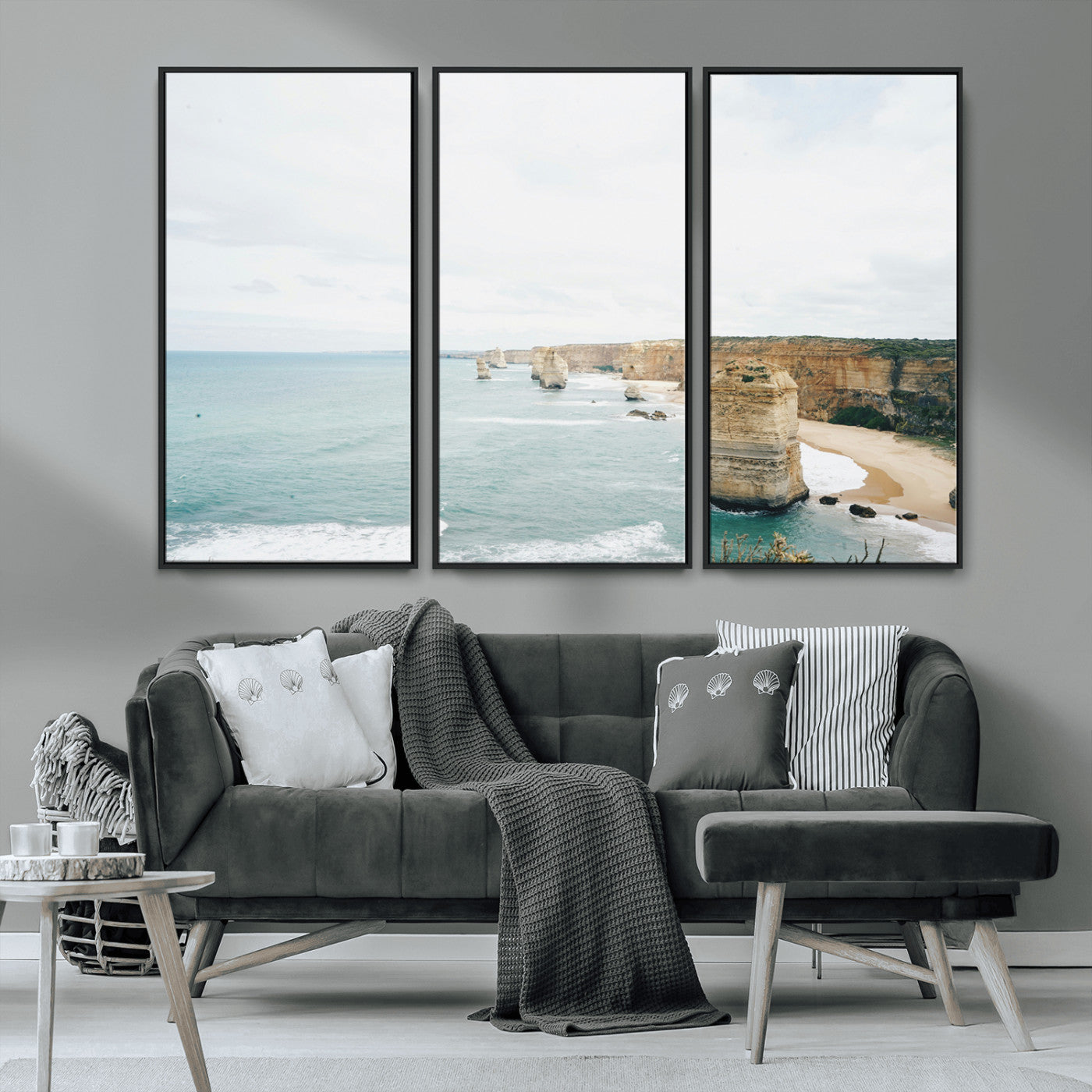 70095633-MGV-CV-36X24-Twelve Apostles Wall Art Canvas Print, Framed Coastal Cliffs Art Picture Print, Rugged Rock Formations Perfect Minimalist Coastal