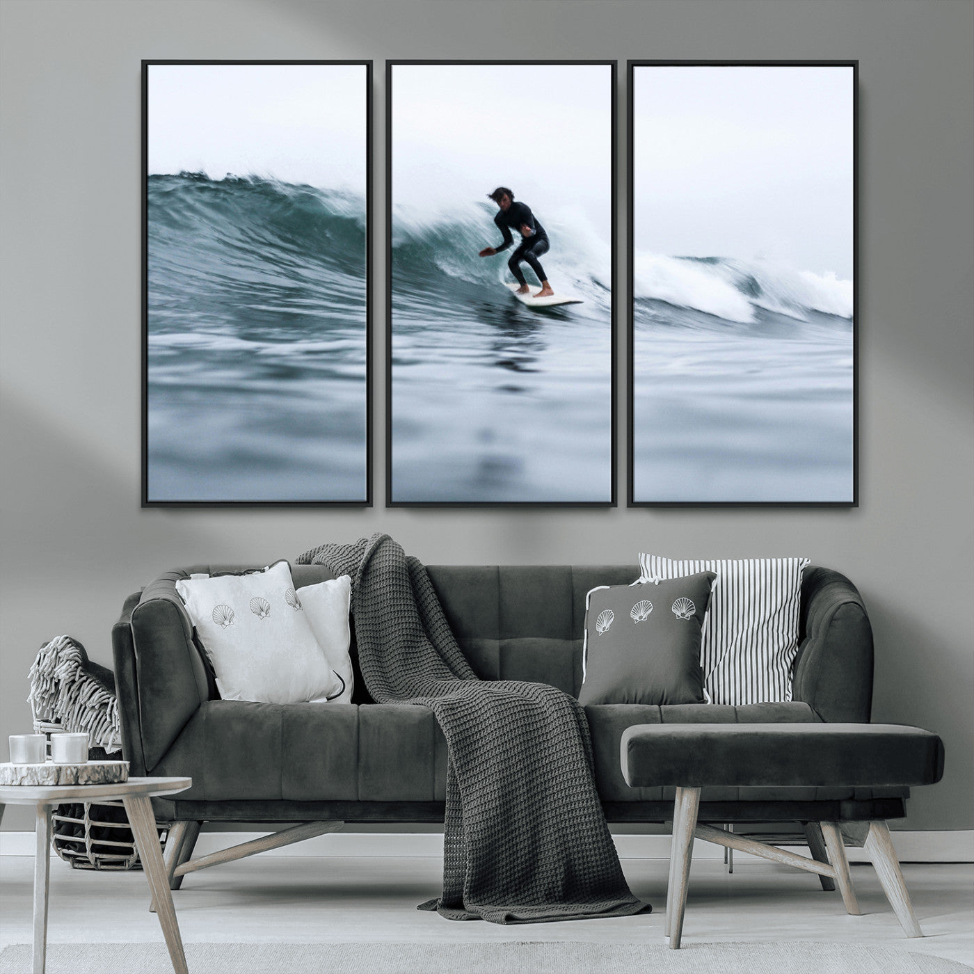 11693607-MGV-CV-36X24-Surfer on Wave Wall Art Canvas Print, Framed Ocean Adventure Art Picture Print, Motion Blur Water Perfect Coastal Adventure Decor