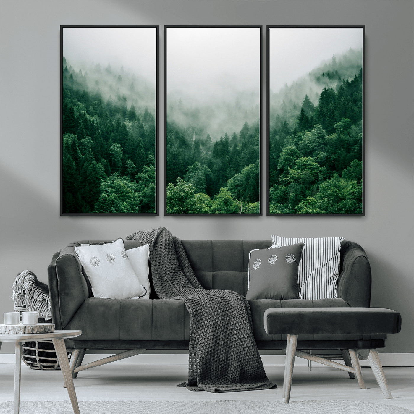 45265379-MGV-FC-48X32-3P_Black-Misty Forest Wall Art – Green Mountain Pine Tree Landscape Canvas Print, Nature Photography Artwork Home Decor for Bedroom, Living