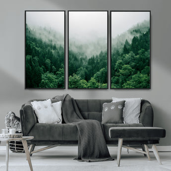 45265379-MGV-FC-48X32-3P_Black-Misty Forest Wall Art – Green Mountain Pine Tree Landscape Canvas Print, Nature Photography Artwork Home Decor for Bedroom, Living