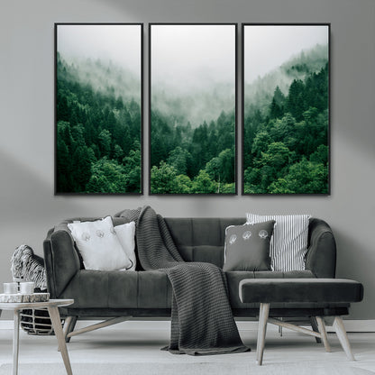 45265379-MGV-FC-48X32-3P_Black-Misty Forest Wall Art – Green Mountain Pine Tree Landscape Canvas Print, Nature Photography Artwork Home Decor for Bedroom, Living