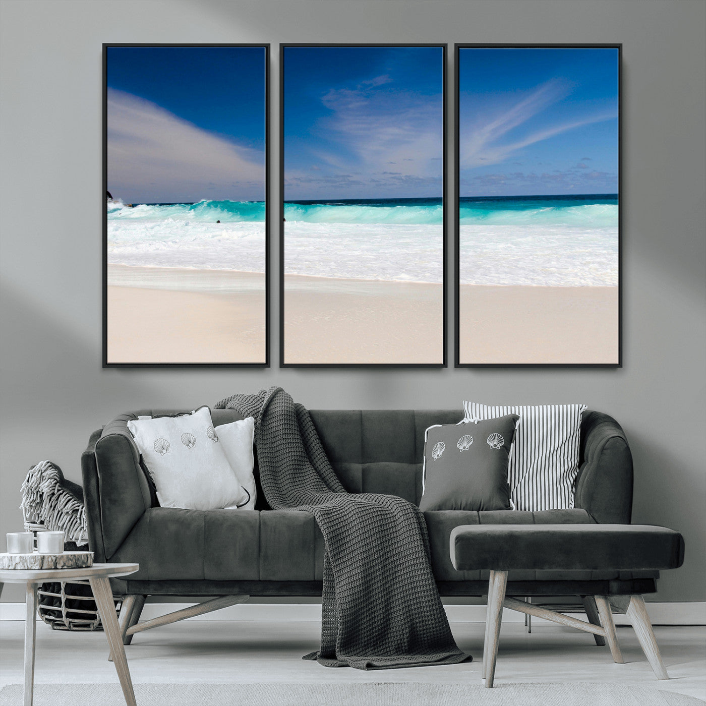 55017356-MGV-CV-36X24-Ocean Beach Wall Art – Turquoise Wave and White Sand Shoreline Canvas Print, Coastal Seascape Photography Decor for Living Room,