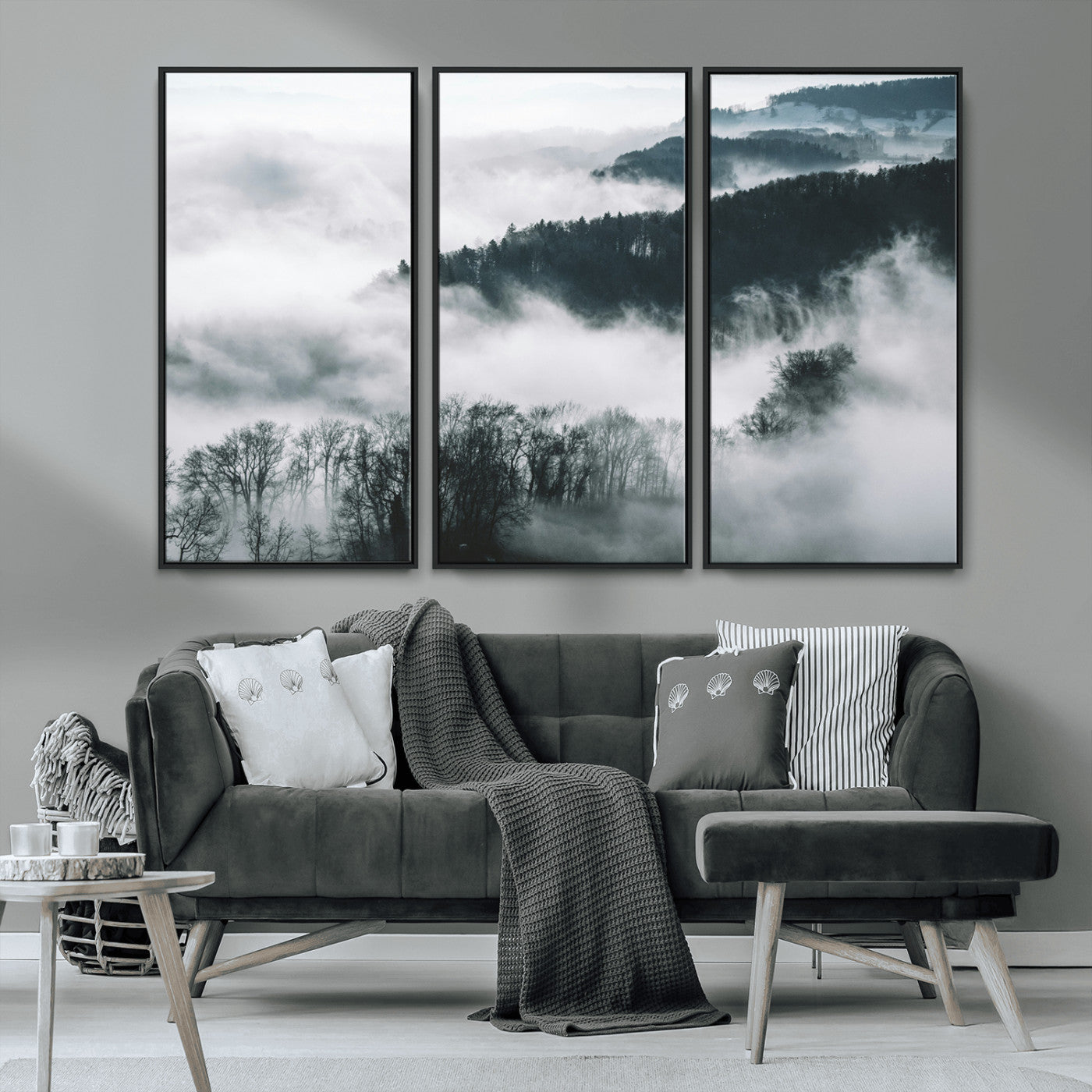 67569654-MGV-CV-36X24-Foggy Forest Wall Art – Mist Covered Hills and Trees Landscape Canvas Print, Moody Nature Photography Decor for Living Room,