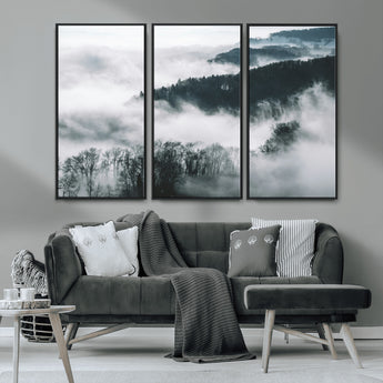 67569654-MGV-CV-36X24-Foggy Forest Wall Art – Mist Covered Hills and Trees Landscape Canvas Print, Moody Nature Photography Decor for Living Room,