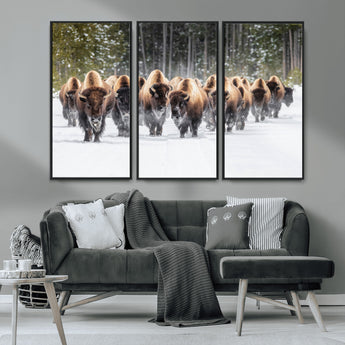 96906195-MGV-CV-36X24-Bison Herd Wall Art – American Buffalo Wildlife Photography Canvas Print, Winter Snow Scene Western Nature Decor for Living Room,