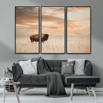 20306324-MGV-FC-48X32-3P_Black-Bison Wall Art – Lone American Buffalo Prairie Sunset Canvas Print, Rustic Western Wildlife Photography Decor for Living Room,