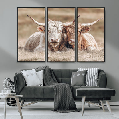 38651722-MGV-CV-36X24-Cow Wall Art – Rustic Longhorn Pair Canvas Print, Western Farmhouse Animal Painting, Country Ranch Decor for Living Room, Bedroom,