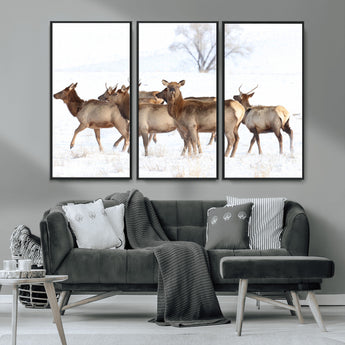 41416314-MGV-CV-36X24-Elk Wall Art – Wildlife Herd Canvas Print in Snowy Landscape, Rustic Nature Painting, Western Cabin Lodge Decor for Living Room,