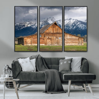 15173627-MGV-CV-36X24-Barn Wall Art – Rustic Wooden Cabin Canvas Print with Snowy Mountain Landscape, Western Farmhouse Country Decor for Living Room,