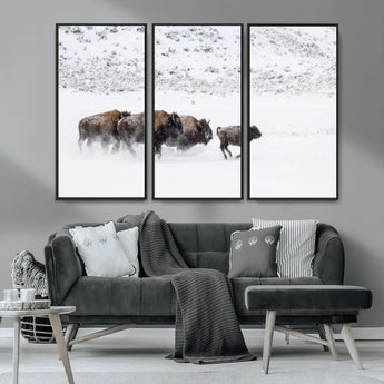 61161423-MGV-CV-36X24-Running Bison Herd Wall Art – Winter Buffalo Canvas Print, Wildlife Photography Decor for Rustic Living Room, Farmhouse, Lodge,