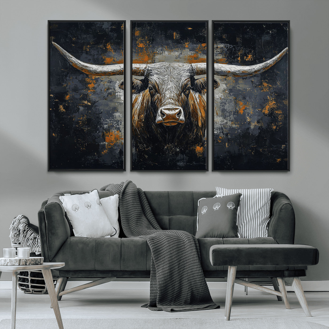 93195031-MGV-CV-36X24-Dark Longhorn Bull Wall Art – Western Steer Canvas Print, Moody Rustic Animal Painting for Man Cave, Ranch House, Office or Modern