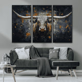 93195031-MGV-CV-36X24-Dark Longhorn Bull Wall Art – Western Steer Canvas Print, Moody Rustic Animal Painting for Man Cave, Ranch House, Office or Modern