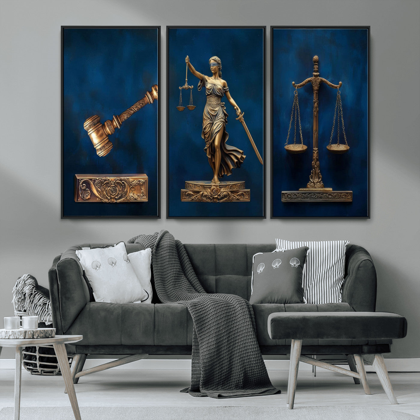 91629053-MGV-FC-48X32-3P_Black-Lady Justice Wall Art – Golden Gavel and Scales Canvas Print, Elegant Legal Office Decor for Lawyers, Judges, Courtroom or Study