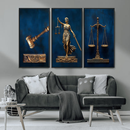 91629053-MGV-FC-48X32-3P_Black-Lady Justice Wall Art – Golden Gavel and Scales Canvas Print, Elegant Legal Office Decor for Lawyers, Judges, Courtroom or Study