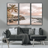 14214613-MGV-FC-48X32-3P_Black-Tropical Beach Wall Art – Palm Tree and Ocean Sunset Canvas Print, Relaxing Coastal Landscape Decor for Living Room, Bedroom, or