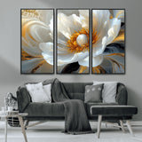39604126-MGV-CV-36X24-Abstract Flower Wall Art – Elegant White and Gold Bloom Canvas Print, Modern Floral Artwork for Bedroom, Living Room, or Office