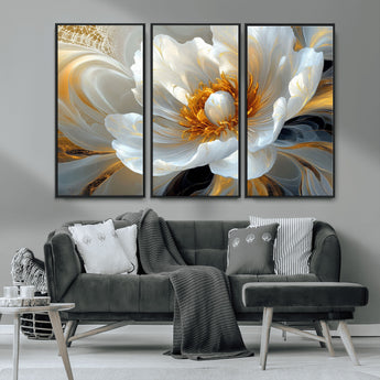 39604126-MGV-CV-36X24-Abstract Flower Wall Art – Elegant White and Gold Bloom Canvas Print, Modern Floral Artwork for Bedroom, Living Room, or Office