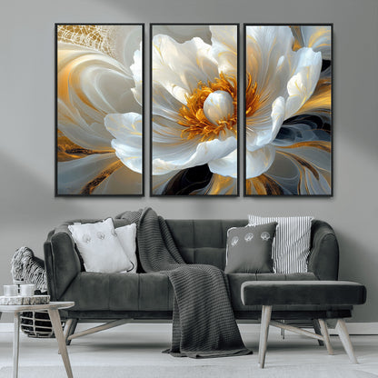 39604126-MGV-CV-36X24-Abstract Flower Wall Art – Elegant White and Gold Bloom Canvas Print, Modern Floral Artwork for Bedroom, Living Room, or Office