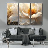 29539087-MGV-CV-36X24-Floral Wall Art – Elegant White and Gold Bloom Canvas Print, Romantic Modern Flower Artwork for Bedroom, Living Room, or Office