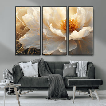 29539087-MGV-CV-36X24-Floral Wall Art – Elegant White and Gold Bloom Canvas Print, Romantic Modern Flower Artwork for Bedroom, Living Room, or Office