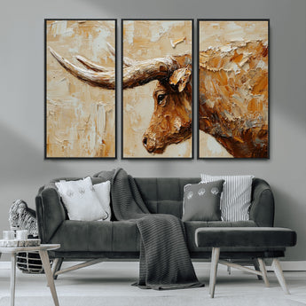 69611428-MGV-CV-36X24-Longhorn Bull Wall Art – Rustic Western Canvas Print, Textured Farmhouse Cattle Painting for Living Room, Office, or Ranch House